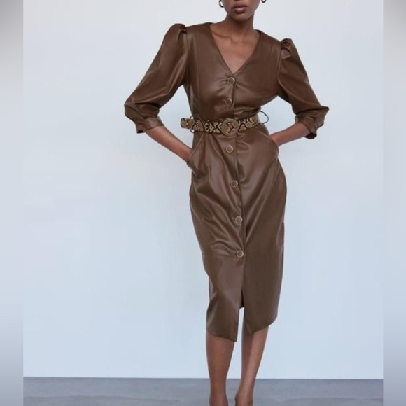 Zara NWT “Leather” Button Up Dress in Black - Picture 1 of 3